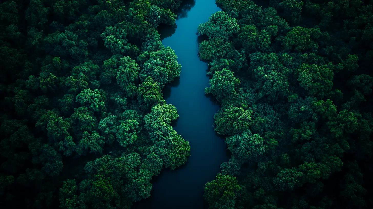 Aerial view of a river winding through dense forest canopy